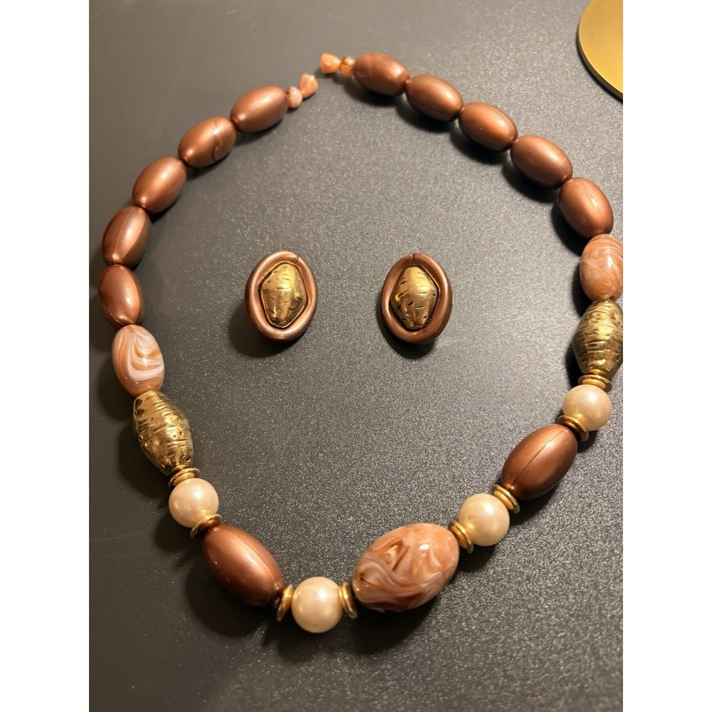 Beautiful Mauve, Pearl, Marble and Gold‎ Tone Beads Necklace w/ Large Clip Ear
